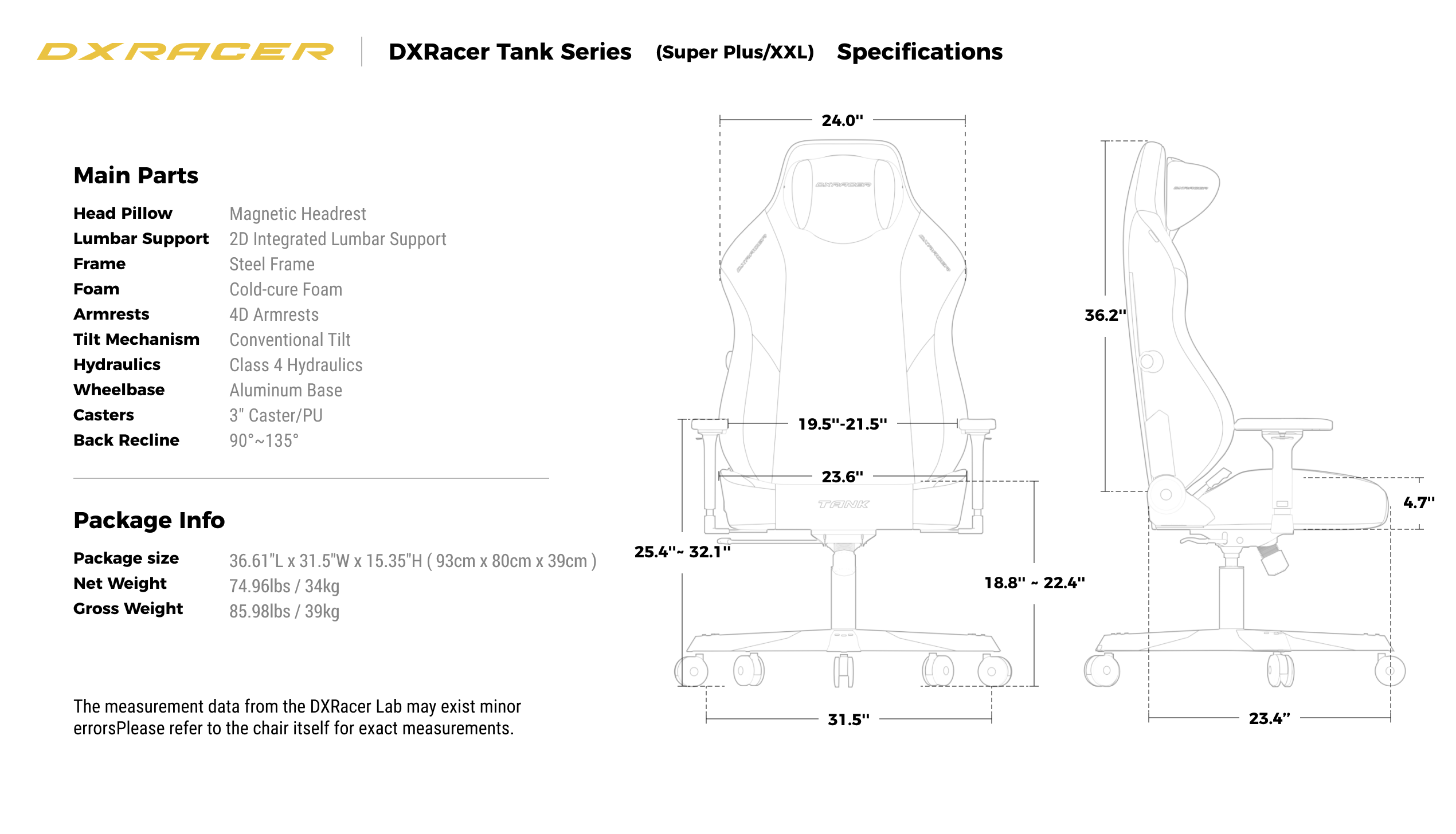 Specifications (Super Plus/XXL)