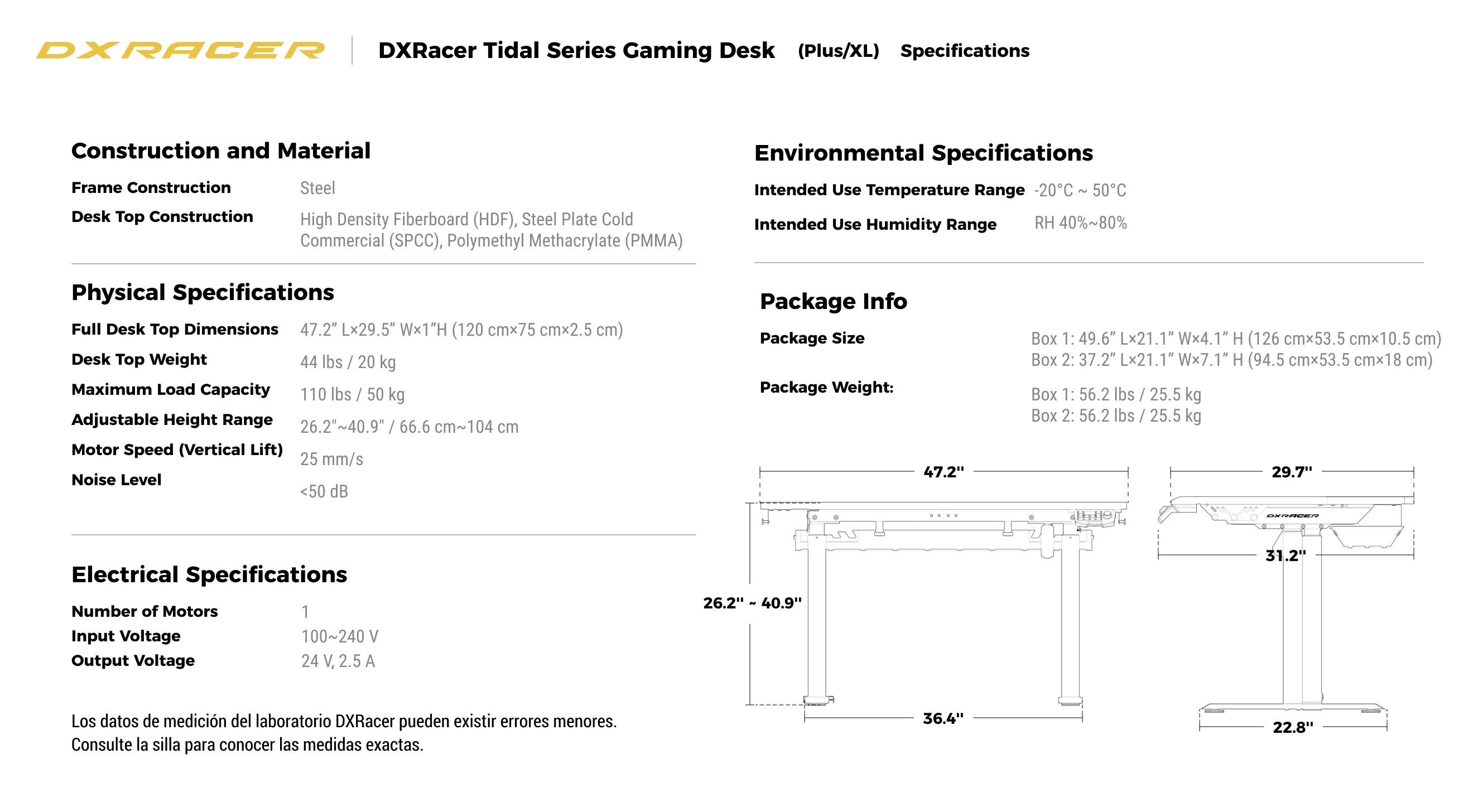 Specifications (Plus / XL)