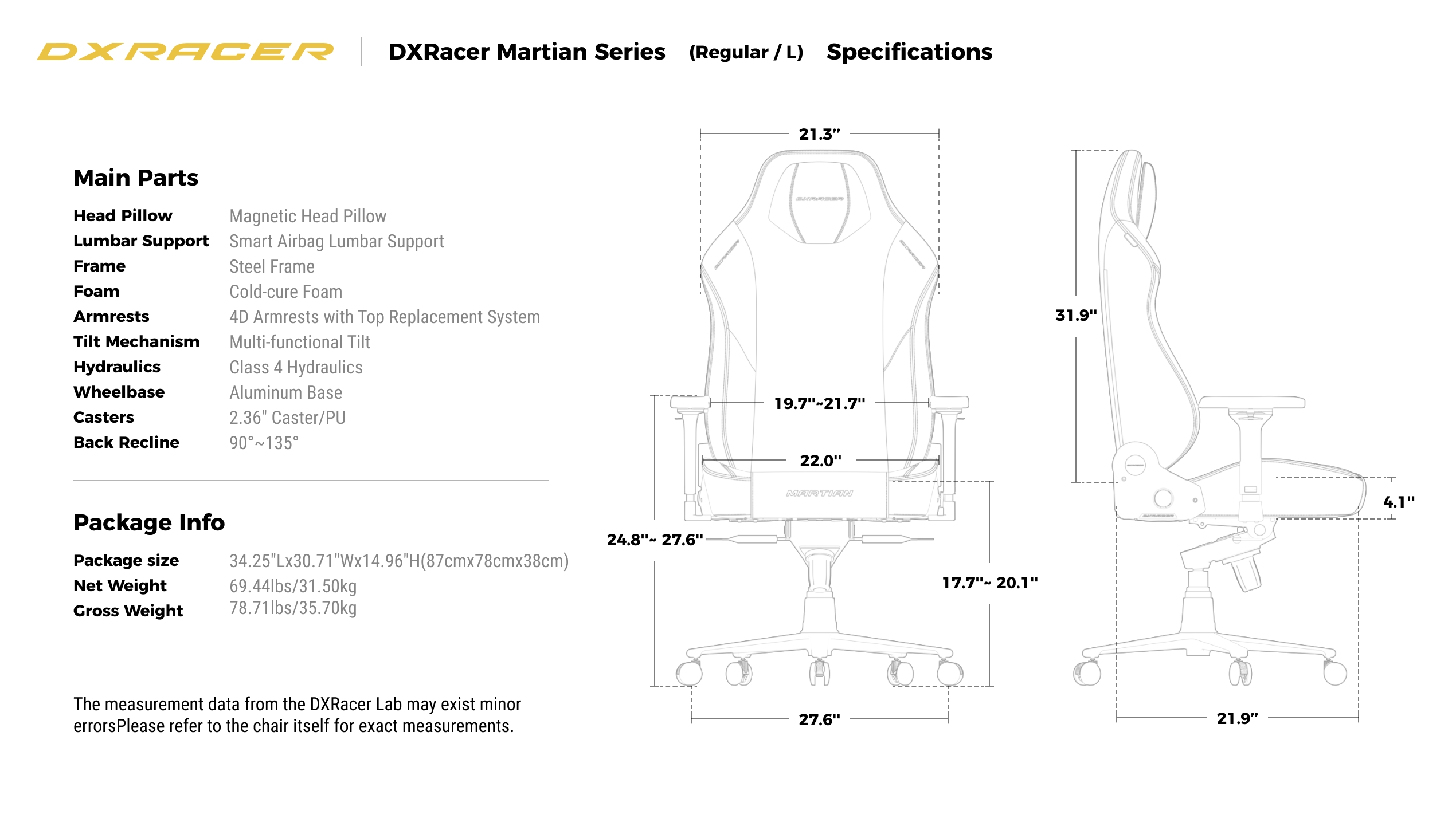 Specifications (Regular/L)