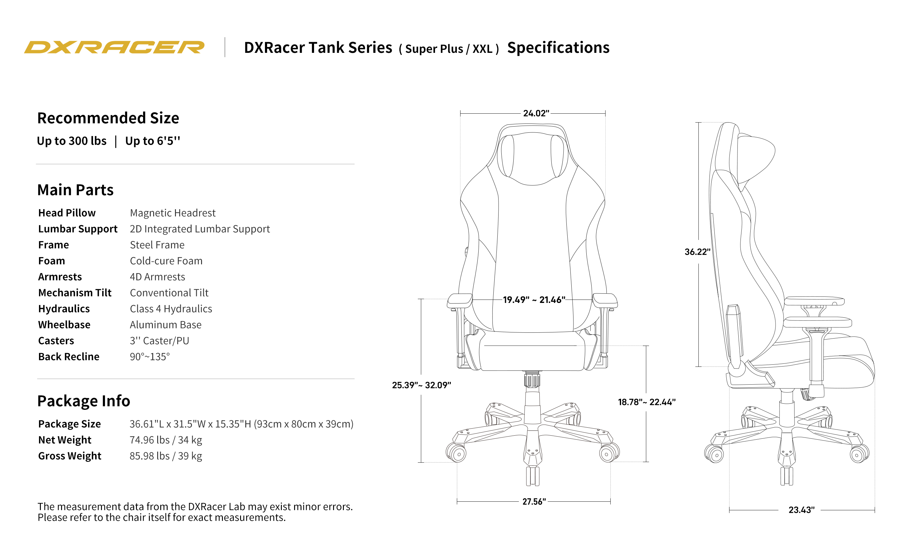 Technical Specifications (Super Plus / XXL)