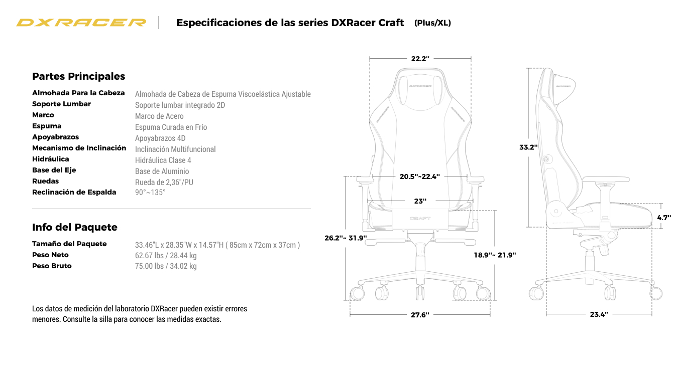 Especificaciones Técnicas (Mayor / XL)