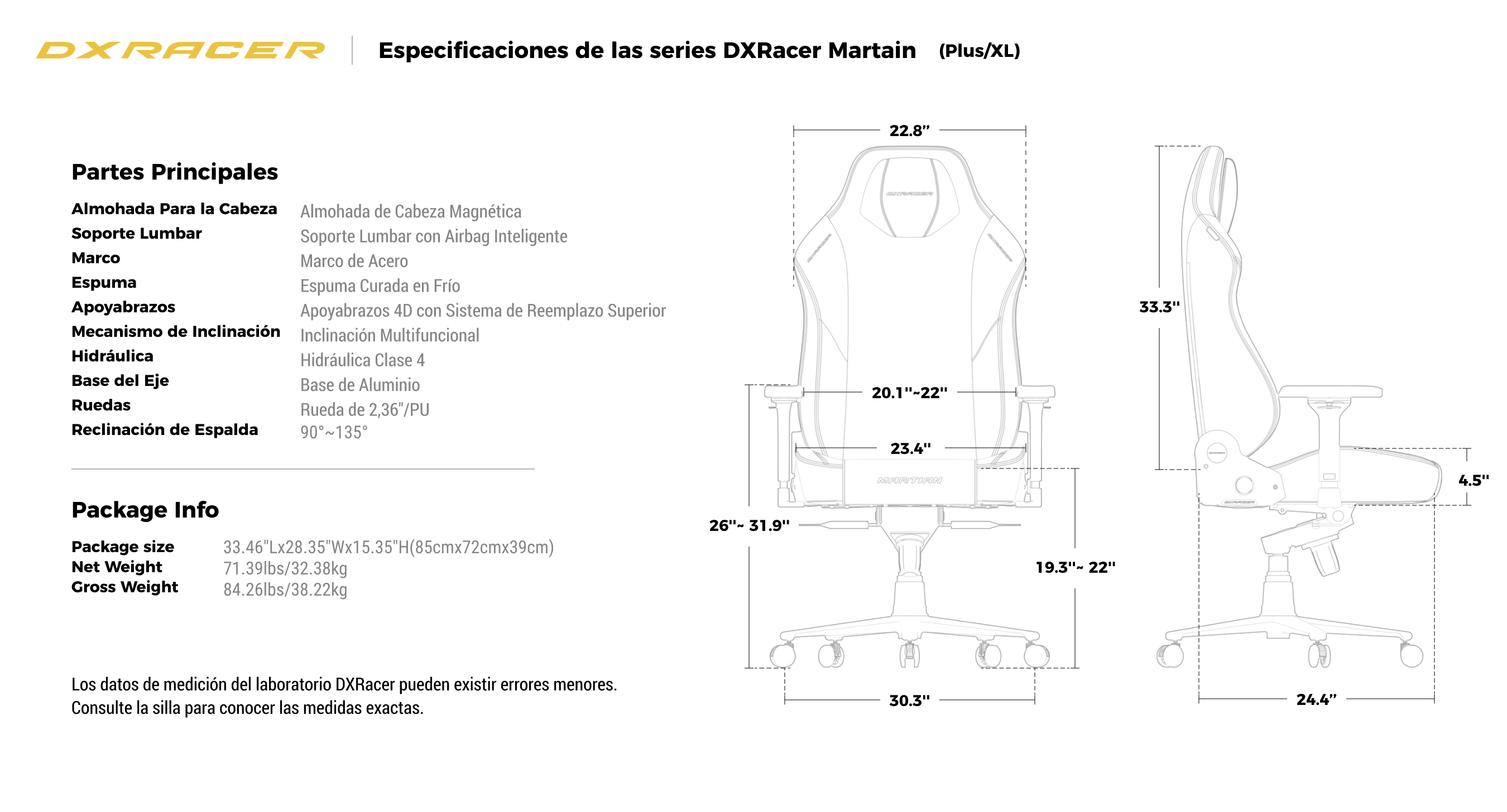 Especificaciones Técnicas (Mayor / XL)