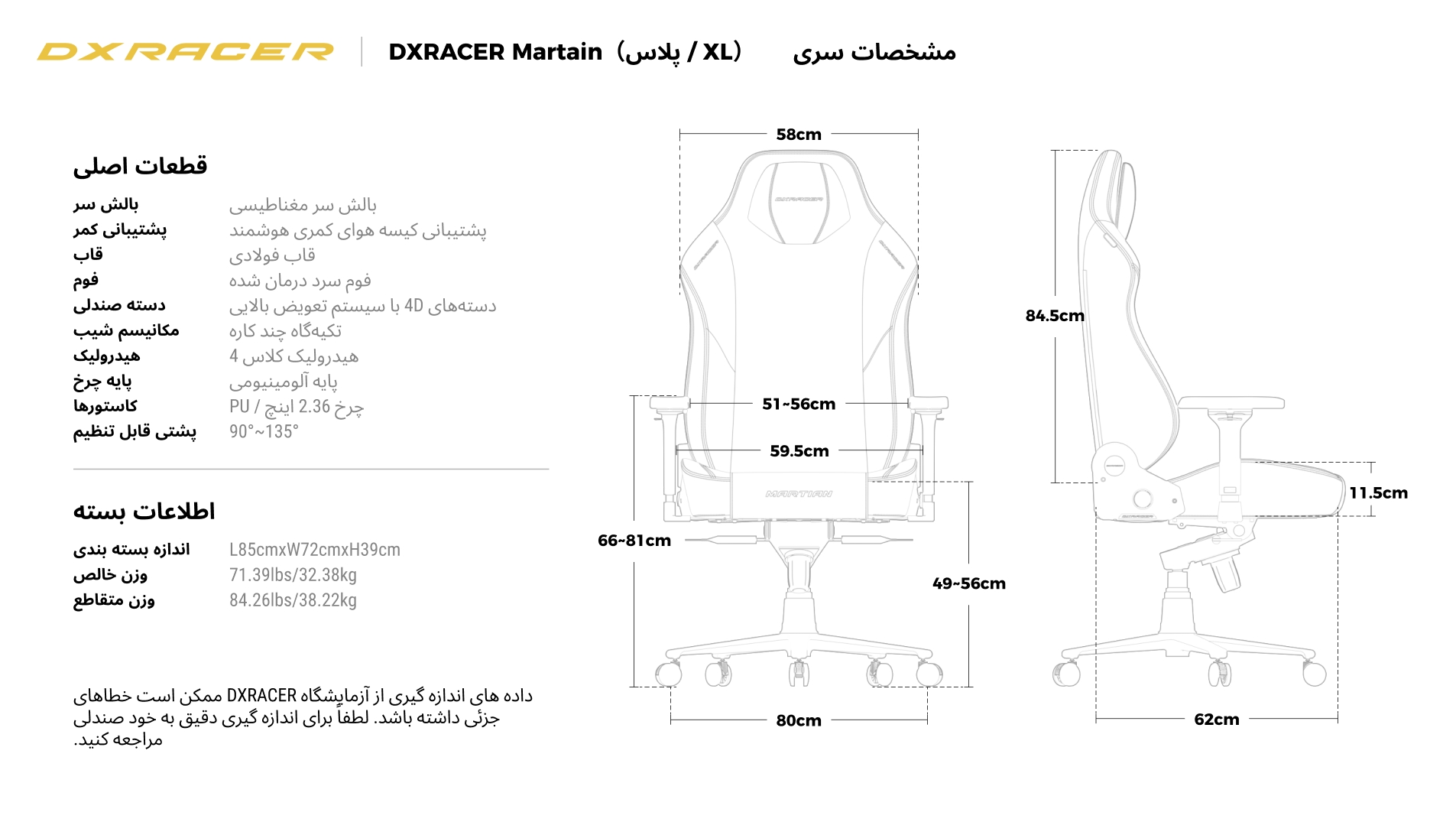 مشخصات فنی (پلاس/XL)