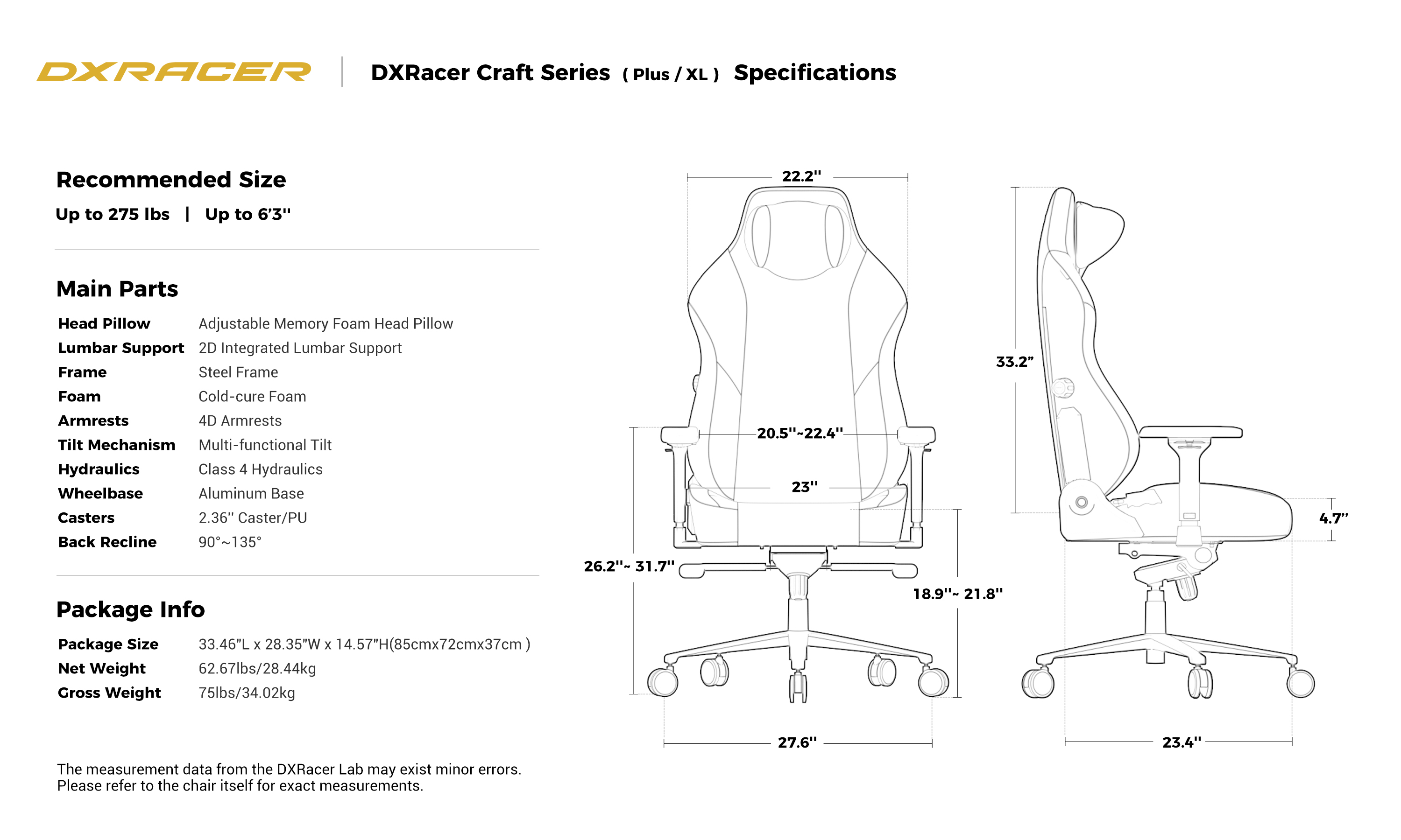 Technical Specifications(Plus/XL)