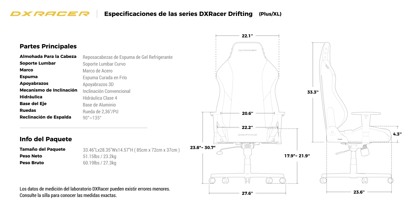 Especificaciones Técnicas (Mayor / XL)